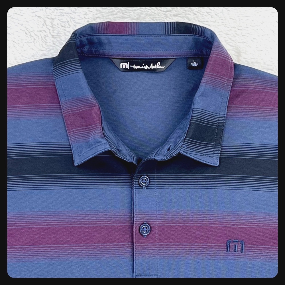 TravisMathew Golf Polo Shirt Men Large Black Maroon Stripe Pima Performance